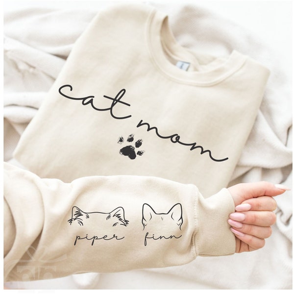 Cat Mom Sweatshirt with Pet Name on Sleeve, Custom Cat Mama Sweatshirt, Cat Ears Sweatshirt, Womens Sweatshirts, Cat Mom Personalized Gift