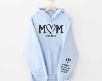 Personalized Mom Sweatshirt With Kids Name On Sleeve, Custom Mom Sweatshirt, Est Date Mom Hoodie, Christmas Gift for Mom, kids names