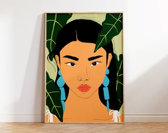 Tropical Plant Girl illustration print digital download, poster, wall art, home decor, dorm decor, printable art, female art
