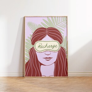 Recharge illustration print digital download, poster, wall art, home decor, dorm decor, printable art, female art, portrait, self care