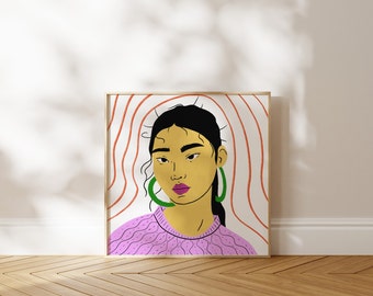 Download digitale del ritratto di una donna asiatica alla moda e moderna, arte da parete, arredamento per la casa, arte stampabile, stampa artistica illustrata