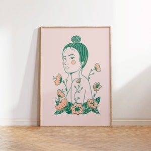 Girl with Flowers digital download, wall art, home decor, printable art, illustrated art print