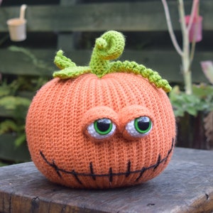 May include: A crocheted orange pumpkin with a green stem and googly eyes. The pumpkin is sitting on a wooden surface.