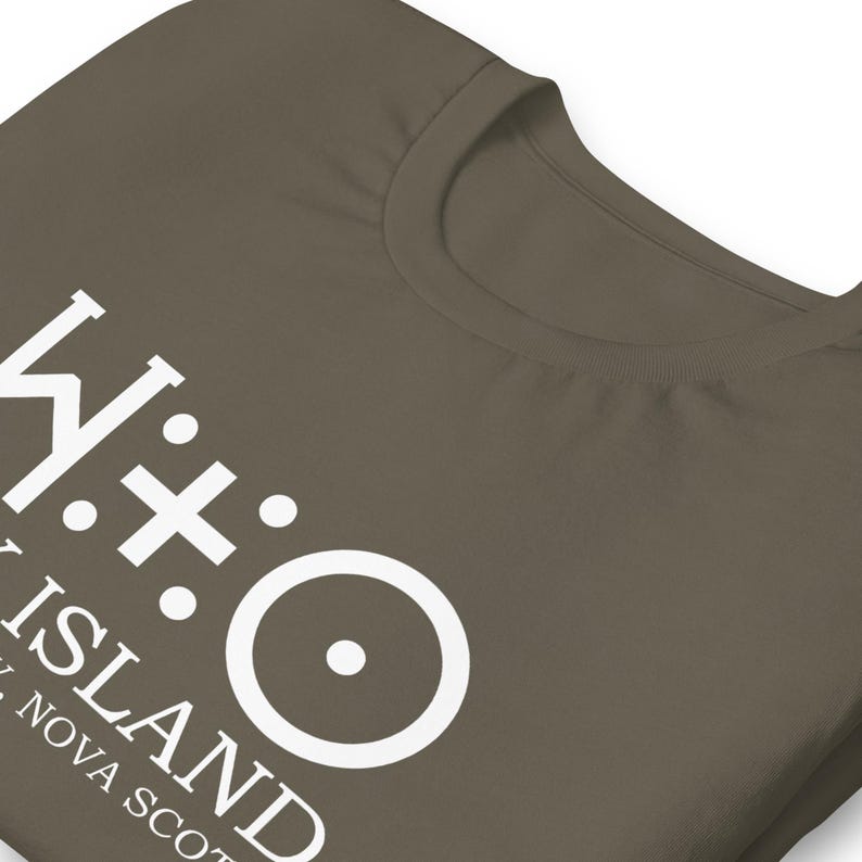May include: A brown t-shirt with a white graphic that says "W:O ISLAND NOVA SCOT" with a circle and dot in the middle.