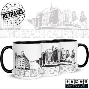 May include: Two black and white mugs with a black rim. The mugs feature a line drawing of the Long Beach, California skyline. The text "Long Beach California" is printed on the mugs.