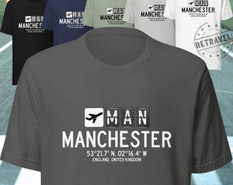 Camisa con código del aeropuerto de MANCHESTER, Inglaterra, camisa de avión, camisa de viaje al aeropuerto internacional del Reino Unido, camisa de avistamiento de aviones, camisa de vacaciones, camisa de avión
