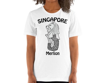 T-shirt Souvenir Singapour - Impression Merlion Et Skyline - Coupe Classique Homme/femme