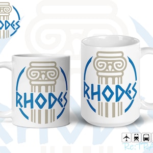 May include: Two white ceramic mugs with a blue and gray design featuring a stylized column and the word "Rhodes".