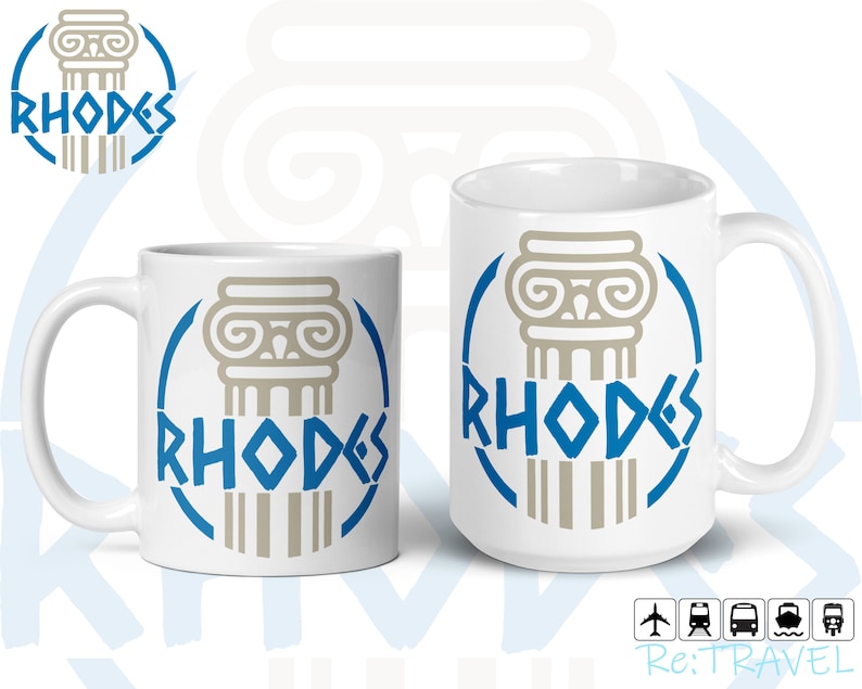 May include: Two white ceramic mugs with a blue and gray design featuring a stylized column and the word "Rhodes".