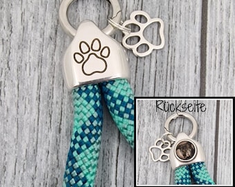 Keychain XL made of sailing rope 'Paw' petrol-mint with photo