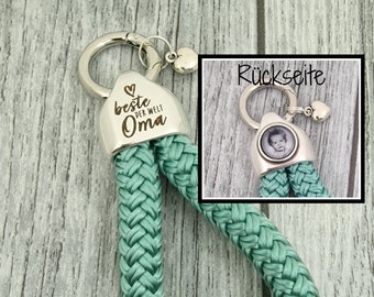 Keychain XL made of sailing rope 'best grandma in the world' mint with photo