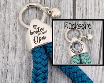 Keychain XL made of sailing rope 'best grandpa in the world' petrol with photo