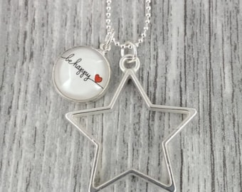 Długi łańcuszek kulkowy z zawieszką w kształcie gwiazdy „be happy”