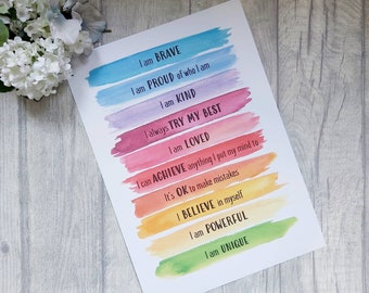 Positive affirmations print. Rainbow print. Children's print. Bedroom prints. Positive quotes print. Positivity print. Rainbow decor