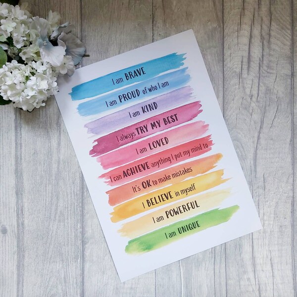 Las afirmaciones positivas imprimen. Impresión arco iris. Impresión infantil. Impresiones de dormitorio. Impresión de citas positivas. Impresión positiva. Decoración arco iris