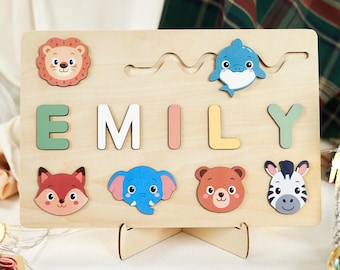 Gepersonaliseerde naampuzzel met dieren, gepersonaliseerd houten speelgoed, houten naampuzzel, handgemaakte peuterpuzzel, kerstcadeaus