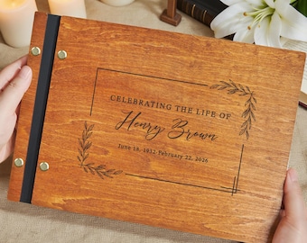 Personalized Celebration of Life Guest Book: Wooden Engraved Funeral Guestbook, Sign-In Memory Album, Our Happy Memories of Life