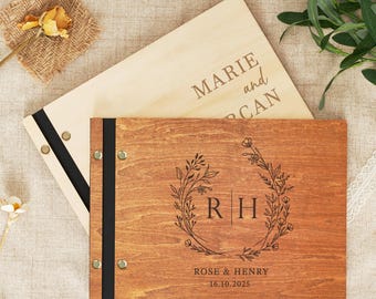 Libro de invitados de boda personalizado: Álbum de fotos de madera grabada, libro de firmas en color natural/nogal, libro de recepción con logotipo personalizado.