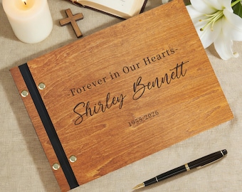 Custom Wooden Memorial Guest Book: Celebration of Life Guestbook, Personalized Funeral Ceremony Sign-In Album, Forever in Our Hearts
