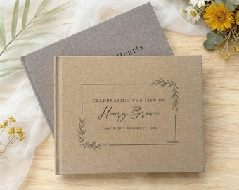 Personalized Celebration of Life Guest Book: Linen Funeral Guestbook, Sign-In Memory Album, Our Happy Memories of Life Book
