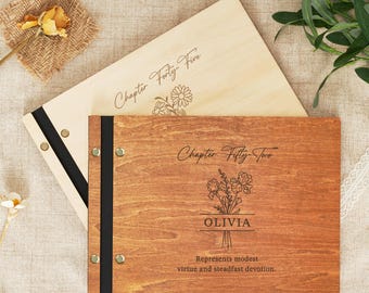 Engraved Wood Cover Guestbook, Custom Name & Birth Flower, Floral Diary, Birthday Party Guestbook Sign, Personalized Birthday Gift