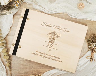 Personalized Birth Flower Journal, Wooden Engraved Guestbook, Birthday Party Sign Book, 18th 30th 40th 50th 60th 70th 80th Birthday Gift