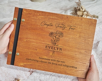 Custom Name & Birth Flower Guestbook: Wooden Engraved, Unique Blessing Flower Meaning, 18th 30th 40th 50th 60th 70th 80th 90th Birthday Gift