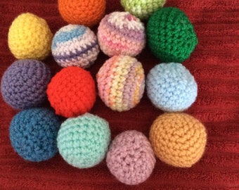 Five Cat crochet play balls with bell/rattle and catnip, crackle ball or just a large bell.