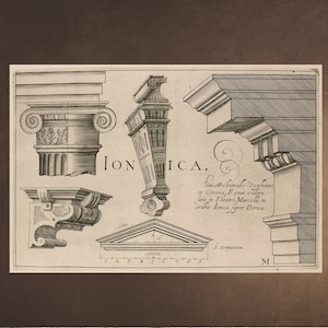 May include: A black and white illustration of the Ionic order of classical architecture. The image shows the different parts of the order, including the base, column, capital, and entablature. The text "IONICA" is written in large letters at the top of the image. The text below the image reads "Dac tre bitrabs Zaphora et Corona, R Roma videre videre Sunt in Theatre Marcelli, in crame lonica Super Dorica."