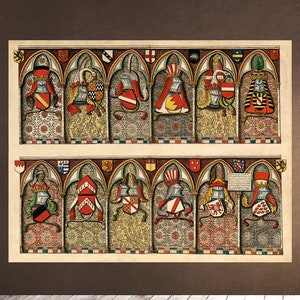 Arte de parede para impressão - Emblemas de cavaleiros antigos - Heráldica rolamentos heráldicos França heráldico vintage pôster francês brasão de armas Litografia Baixar