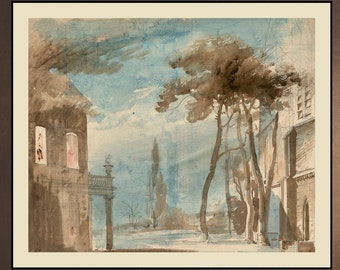 ARCHITECTURE Trees Blue Sky Landscape Pavilions watercolour drawing -  Digital Print 19th century - Download Vintage Downloadable Printable