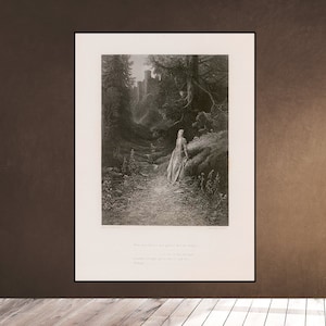ELAINE auf dem Weg zur Höhle der LANCELOT Idylle des Königs - A. Tennyson - König Arthur Dore Litho Dekor Wandradierung herunterladbar druckbare druckbare