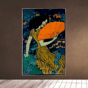 May include: A woman in a yellow dress holds a large orange fan in front of her face. She is surrounded by green foliage and flowers. The image is in a vintage style.