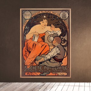 May include: A vintage poster advertising the Societe Populaire des Beaux-Arts. The poster features a woman in a red dress and a man in a brown vest and pants. The text on the poster reads "Enseigne au peuple par les projections l'art." and "Societe Populaire des Beaux-Arts."