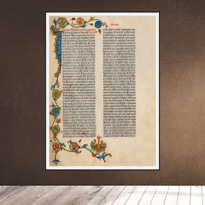 Gutenberg BIBLE Leaf Page Illuminated Flowers Medieval 1455 First Book Ever Printed - Old Testament Digital Download Downloadable Printable