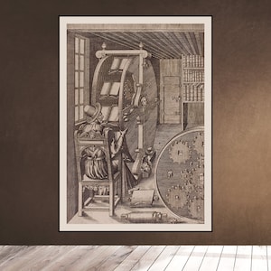 May include: A black and white engraving depicting a man sitting in a chair, reading from a large, rotating book. The book is part of a complex mechanical device with gears and wheels. The man is wearing a hat and a long coat. The engraving is set in a room with bookshelves and a window.