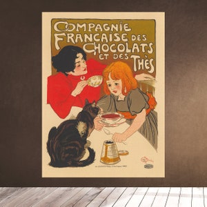 CHOCOLATE & TEA 1899 Ad - Compagnie Francaise des Chocolats et des Thes Black Cat Home Decor Wall Incisione Scaricabile