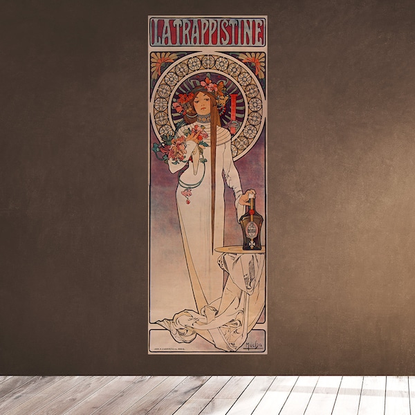 LIQUEUR Parisian distillers Alphonse Mucha 1897 La Trappistine Poster graceful woman halo circular motifs bottle Wall Art Hanging Deco Print