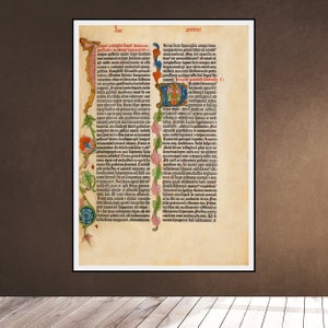 Gutenberg BIBLE Leaf Page Illuminated Flowers Medieval 1455 Primer libro jamás impreso - D Carta Digital Descarga Descargable Imprimible Imprimible