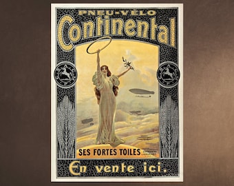 Pneus CONTINENTAL - Anúncio francês vintage - Mulher Deusa - Carro - Pneu-Velo - Decoração de casa Gravura de parede Baixar para download para impressão