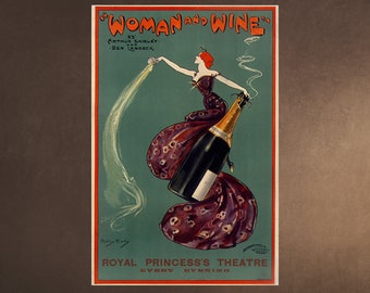 VROUW en WIJN Theater Vintage Poster - Girl Bottle Show - Dudley Hardy - Royal Princess&#39;s Theatre Ad - Wall Art Hanging Decor Printable