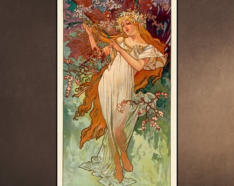 1896 春 - 4 シーズン アルフォンス ミュシャ アール ヌーボー 女神 ヴィンテージ リトグラフ フランス プランタン 女性 美 自然 アート 壁掛け 装飾