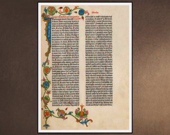 Gutenberg BIBLE Leaf Page Illuminated Flowers Medieval 1455 First Book Ever Printed - Old Testament Digital Download Downloadable Printable
