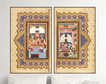 Set of 2 PERSIAN MINIATURES Muraqqa Print Iran Islam Padishah - palace interior scene decorations - Muslim Decor Wall Downloadable Printable