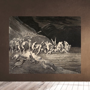 Printable Wall Art - Charon herds the sinners onto his boat - Illustrated Dante's Inferno by Gustave Dore - Downloadable