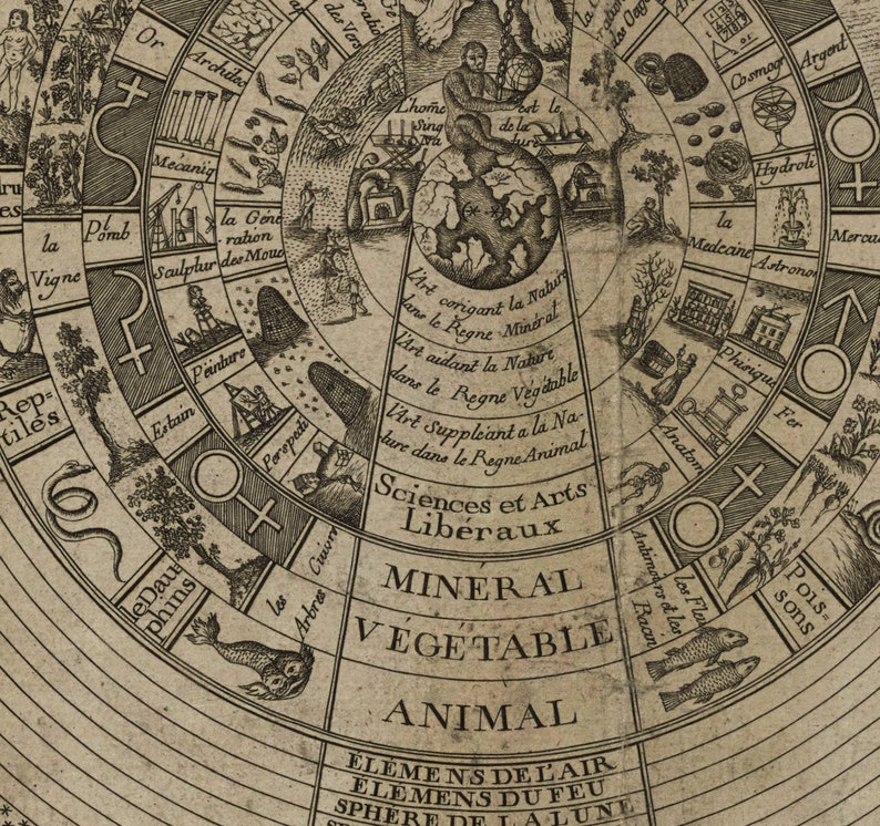 Pu&ograve; includere: Un'illustrazione vintage di un diagramma circolare che rappresenta il mondo naturale. Il diagramma &egrave; diviso in tre sezioni: Minerale, Vegetale e Animale. Ogni sezione &egrave; ulteriormente suddivisa in sezioni pi&ugrave; piccole che rappresentano diversi aspetti della natura, come gli elementi dell'aria, del fuoco e dell'acqua. Il diagramma &egrave; circondato da una serie di cerchi concentrici, ognuno dei quali rappresenta un livello diverso del mondo naturale. Il diagramma &egrave; disegnato in uno stile dettagliato e intricato, con una variet&agrave; di simboli e illustrazioni.
