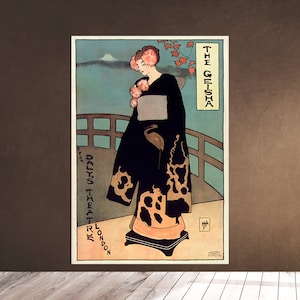 Printable Wall Art - The Geisha from Daly's Theatre London - 1895 advertisement. Woman with mount Fuji landscape Downloadable