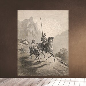 Druckbare Wandkunst - Don Quijote und Sanch Panza auf ihren Pferden - Alter Buchteller von Gustave Dore - Download