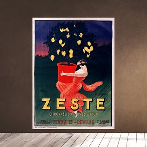 May include: Vintage poster advertising Zeste citronnelle au jus de citron, featuring a woman in a red dress holding a potted lemon tree with ripe yellow lemons. The text "Zeste" is in large yellow letters, and the text "Citronnelle au jus de citron" is in smaller white letters. The poster also includes the text "S.A.U. Fabricant Fournier-Demars St. Amand (Cher)".