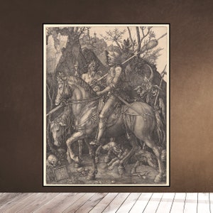 Albrecht Durer RYCERZ, Śmierć i Diabeł - duża rycina 1513 - Cyfrowa niemiecka sztuka ścienna do pobrania Vintage do pobrania do wydrukowania
